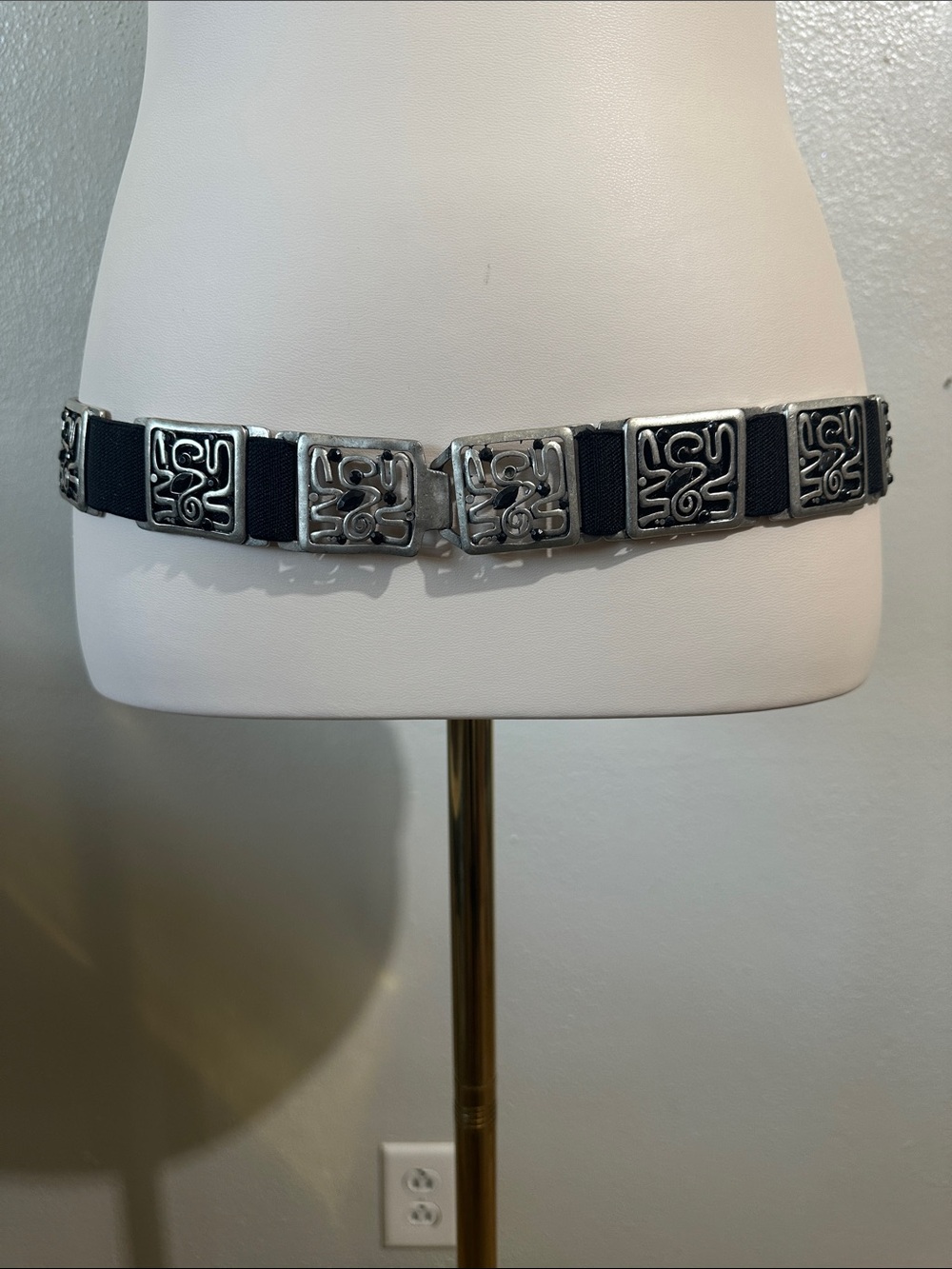 Statement Rhinestone Stretch Belt Black Silver Tone Geometric Links Chico’s